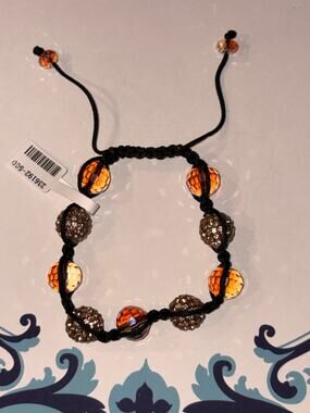 Orange Amber Crystal & Sparkle Disco Ball Macramé Bracelet Adjustable Cuff